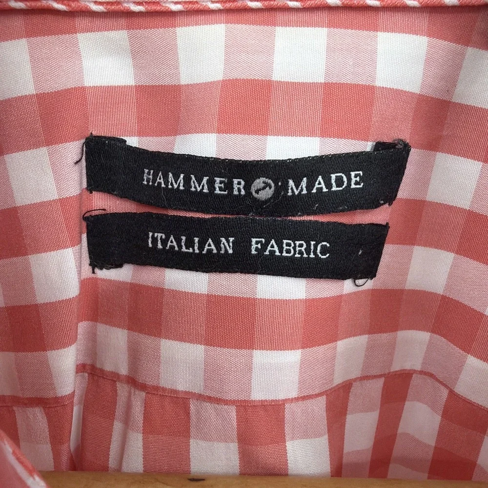 Hammer Made Cotton Button Up Shirt‎ 16.5/42 Peach Red Check Italian Fabric Italy